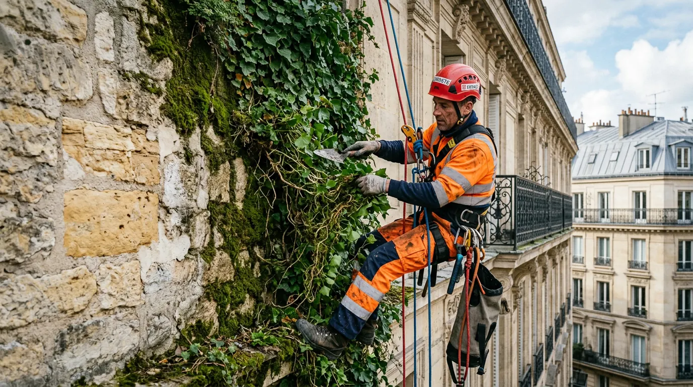 Dévégétalisation de façades — cordistes professionnels